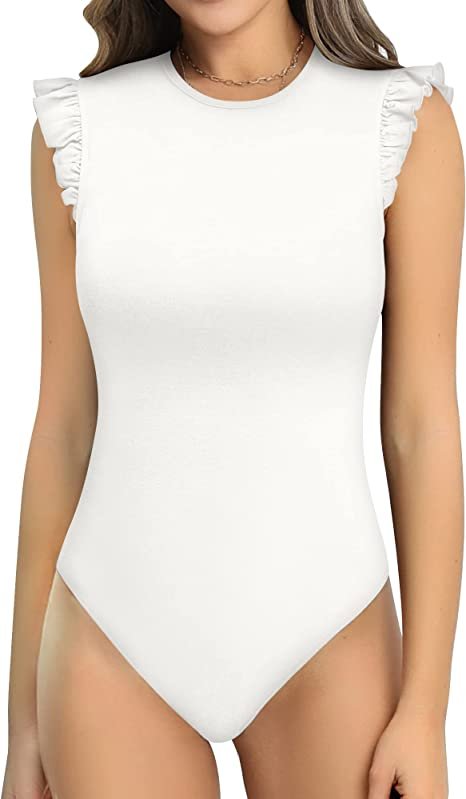 Women's Body Suits Cute Crew Neck Ruffle Sleeveless Slim Fit Bodysuit